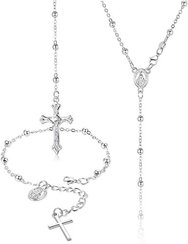 Finrezio 2 Stück Rosenkranz Halskette Armband Schmuck-Set Für Frauen Mädchen Jungfrau Maria Medaille Kreuz Kruzifix Anhänger Charm Gliederkette Armband Y Halskette Gold/Silber