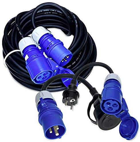 IntuiFlex CEE 230V Camping Kabel Set 10m Gummiverlängerung/Stromkabel + 2x Adapter H07RN-F 3G2,5 IP44 3x2,5 mm 230V 16A IP44 - Schuko Stecker auf CEE Kupplung + CEE Stecker auf Schutzkontakt Steckdose