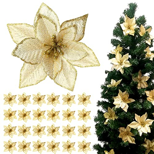 TATAFUN 24 Pezzi Fiori di Natale Poinsettia Glitter, Artificiali Stella di Natale Glitterata Decorazioni Matrimonio Albero di Natale Ornamenti (Oro)