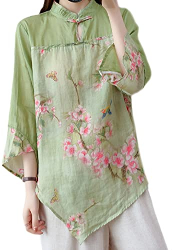 YM YOUMU Camicetta da Donna Etnica con Fiori di Pesca Floreale Camicetta Cinese Bottone Rana Orlo Irregolare Lino Qipao Top, Verde, M