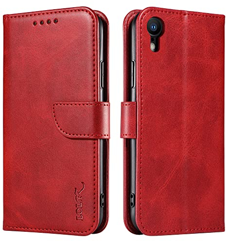 LOLFZ Wallet Case for iPhone XR, Vintage Leather Book Case with Card Holder Kickstand Magnetic Closure Flip Case Cover for iPhone XR - Red