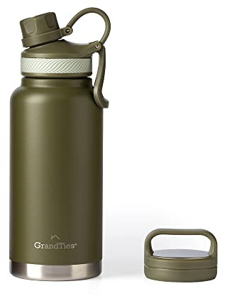 GrandTies 2 Deckel Sport Edelstahl Wasserflaschen - Breite Öffnung Vakuumisoliert Wiederverwendbar Auslaufsicher BPA-frei Reise Metall Kantine Thermosflaschen für Männer Frauen Gym (32oz (946ml),