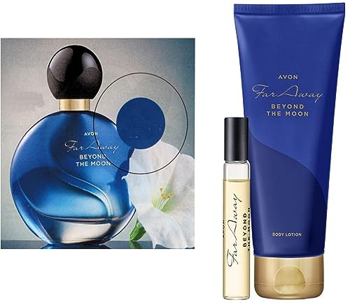 Avon Set1x Far Away Beyond The Moon Parfum 50ml Spray1x Taschenspray 10ml und 1x Bodylotion 125ml mit Sandelholz Wildkirsche Belle de Nuit für Damen intensives Parfum