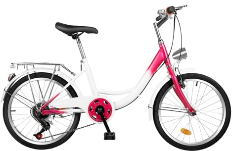 Caskunbsy Mountain Bike,Bicicleta da 20 pollici, per adulto/bambini, altezza regolabile, 6 marce, per montagna, altri viaggi, colore rosa e bianco