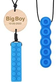 Collier à Mâcher Sensoriel Personnalisable pour Enfants Bijou à Mâcher en Silicone Sûr avec Fermoir Détachable (Blocs de construction - Bleu)
