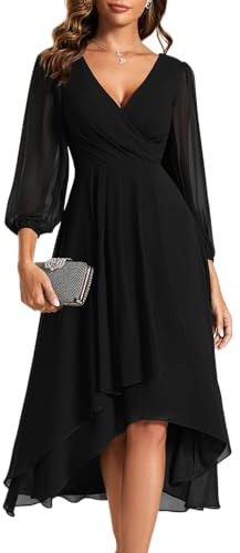 Ever-Pretty Robe de Soirée Femme A Line High Low Col V 3/4 Manches pour Mariage Chic Noir 44