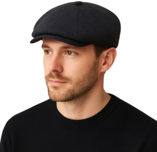 Navy Blue Herringbone Newsboy Cap Men's Baker Boy Hat Style 8 Panel Scally Lined Wool Blend