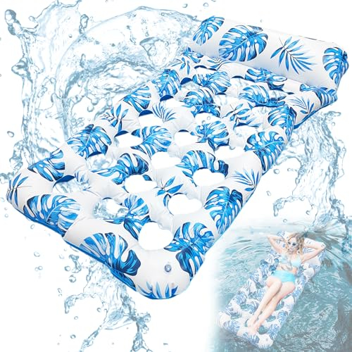 ACTOYS Matelas Gonflable Piscine, Bouee Piscine Adulte avec des Trous, Hamac de Piscine avec Motif de Feuilles Bleues, Flottant Gonflable pour Piscine, Plage, Ocean- Bleu