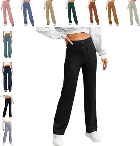 QingxingFa Pantalon Décontracté Taille Haute Extensible pour Femme, Pantalon Droit Taille Haute À Poches Multiples (Grand,Noir)
