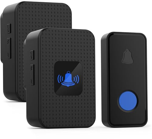 Wireless Doorbell, IP55 Waterproof Plug-in Cordless Doorbell Kit-300M, 55 Ringtones, 5 Levels of Volume, LED Indicator, 1 Transmitter + 2 Receivers, Black
