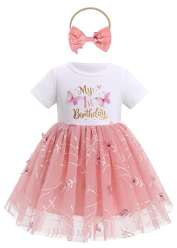 EFOGEP Tenue de premier anniversaire pour bébé fille - Robe tutu à manches courtes en tulle avec nœud et bandeau - Broderie florale - Vêtements de baptême pour nouveau-né, rose clair, 12-18 mois