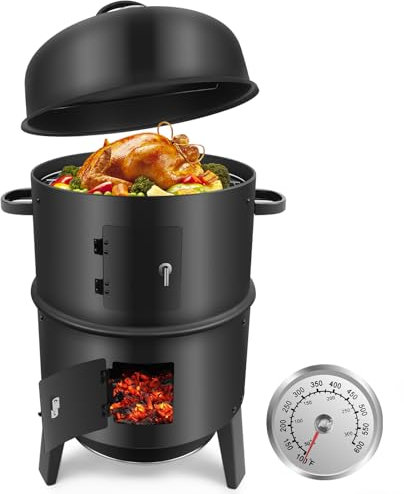kisidus 3 in 1 Räucherofen, Holzkohlegrill mit Deckel, Smoker Grill mit Räucherhaken und Thermometer, Grilltonne Räuchergrill Campinggrill, Multifunktionsgrill für Räuchern, Grillen & Garen, Schwarz
