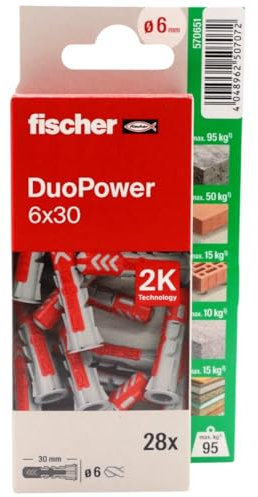 fischer - Duopower 6x30-28U, Tacos para pared multimaterial, sirven para Colgar Bicicletas, Cuadros, Armarios, Soportes de Televisión, Estanterías, Muebles.