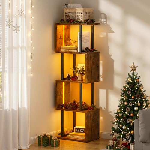 Warmiehomy Bookcase with LED Lights, 5-Tier S-Shaped Bookshelf, Wood Display Cabinet Shelves Industrial Shelving Unit for Living Room, Bedroom & Home Office, 38 x 24 x 117 cm, Rustic Brown