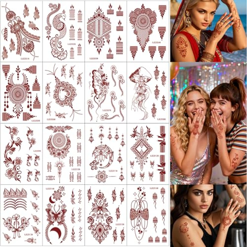 XMASIR 16 Sheets Temporary Tattoo Stickers Kit, Brown Fake Tattoos Sticker Butterfly Bowknot Flower Henna Tattoos Waterproof for Girls Women Wedding Party (Brown)