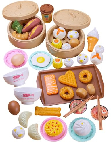 Giocattoli alimentari, set di cibo da gioco da 46 pezzi, set dim sum per colazione cinese con panini al vapore e altri giocattoli da cucina gioco di ruolo per bambini dai 3 anni in su, Dim Sum
