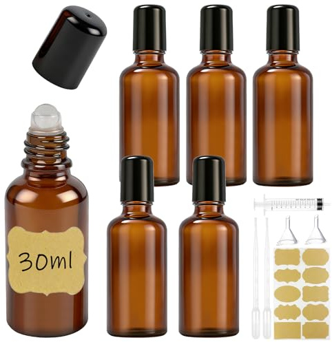 Maxumille 6 stycken 30 ml rulle på glasflaskor för eterisk olja, rulle på flaska, tom, med glas rullboll, påfyllningsbar brun rollon-flaskor med 6 tillbehör för doft, massage, aromaterapi