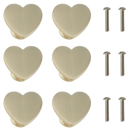 Lot de 6 boutons de placard en alliage de zinc en forme de cœur avec vis pour commodes, tiroirs, placards et armoires résistants à la rouille