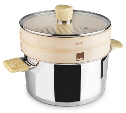 IBILI - Set Pentola + Vaporiera Sanna 22 Cm, Acciaio Inossidabile, Cestello Bambu, Adatto per induzione