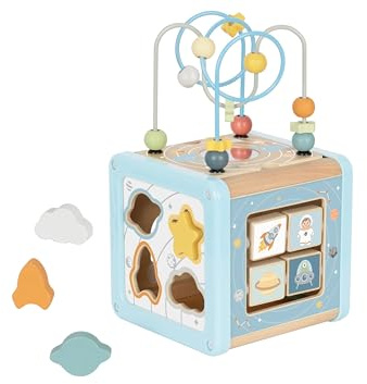 Tooky Toy Aktivitätswürfel FSC Holz: Motorikwürfel Spielzeug mit Motorikschleife & Rechenrahmen für Kinder, Montessori Lernspielzeug, Fördert Motorische & Kognitive Entwicklung, Geschenk ab 1 Jahr