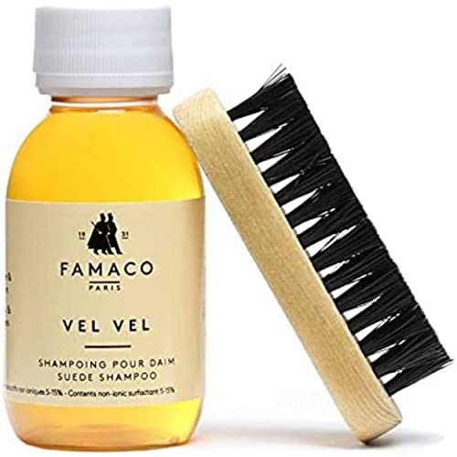 Famaco - Flacon VEL VEL - Shampoing Doux pour Daim et Nubuck - Elimine les Taches et Ravive la Couleur d'Origine - Pour Chaussures, Vestes et Sacs - 100ml