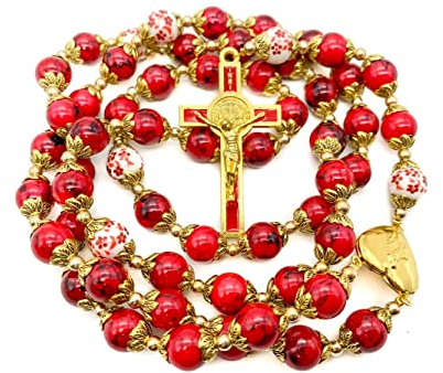 Nazareth Store Rote Korallenperlen, goldene Rosenkranzblumen, Perlenkette, wundersame Medaille und St. Benedikt-Kruzifix