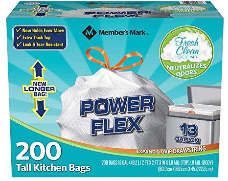Members Mark 13 Gal Power Flex, Leak Protection, Tall Kitchen Simple Fit Drawstring Bags (1 Pack, Fresh Clean Scent), 1count