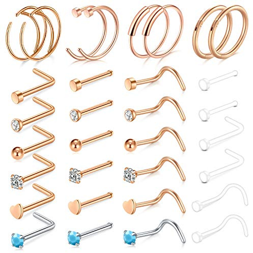 AceFun 20G 32 Pezzi Piercing al naso Borchie Anelli al naso a forma di C Acciaio Chirurgico Piercing al naso Tragus Cartilagine Anelli Piercing Gioielli