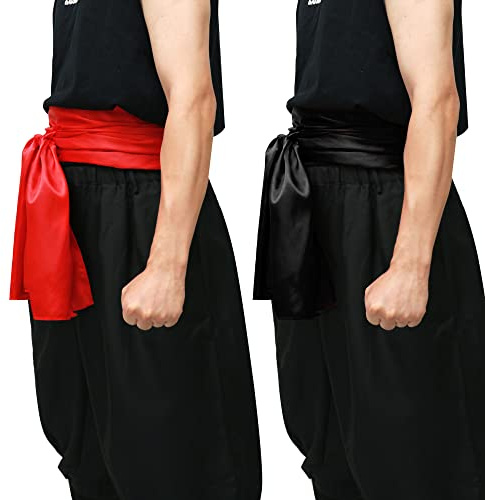 C-ZOFEK Karate Sash Kung Fu Suit Satin Waist Belt 2 PCS 126”*13” for Pirate Cosplay Anime Accessories (Black+Red)