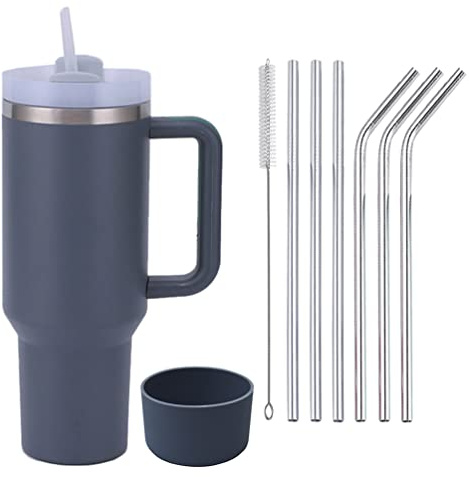 Dubbelväggig isoleringsmugg av rostfritt stål, 1 200 ml (40 fl oz), med handtag, uppgraderad kaffekopp/mugg, resemugg, bilmugg, termosmugg med sugrör av rostfritt stål och silikonskydd, mörkgrå