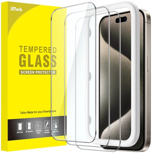 JETech Protector de Pantalla para iPhone 15 Pro Max 6,7 Pulgadas, Cristal Vidrio Templado, con Marco de Instalación Fácil, Amigable para Funda, HD Transparente, 3 Unidades