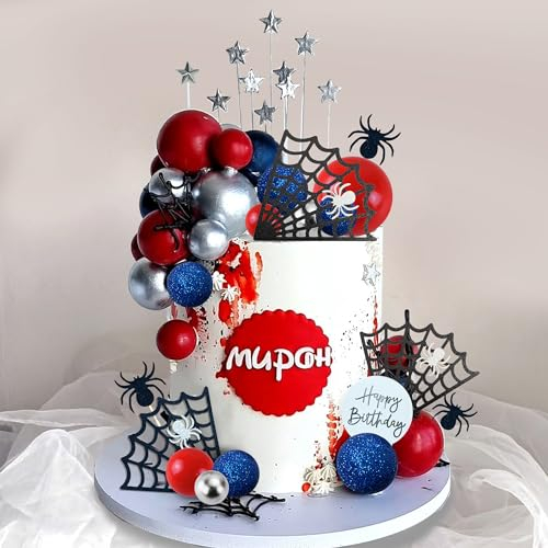 DRWATE Spider Cake Topper with Spider Web Balls Stars for Boys Men Birthday Party Baby Shower Supplies (Spider)