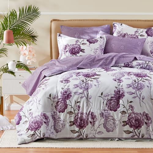 Purple Flower Bed in a Bag 7 Pieces King size Floral White Comforter Sheet Set Soft Microfiber Lightweight Summer Bed Set (1 Comforter 2 Pillow Shams 1 Flat Sheet 1 Fitted Sheet 2 Pillowcases)