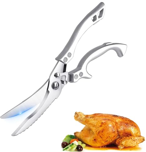 Forbici per pollame, forbici da cucina affilate, forbici per pollame in acciaio inossidabile con impugnatura ergonomica, forbici per carne, per tagliare anatra, pollo, oca, tacchino o tacchino (argent