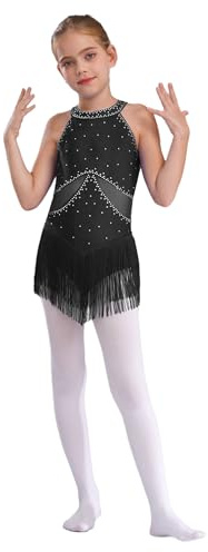 TiaoBug Maillot De Patinaje Artístico Para Niñas Leotardo Sin Mangas Con Flecos Body De Danza Ballet Elegante Vestido Lentejuelas De Baile Actuación Gimnasia Negro E 9-10 años