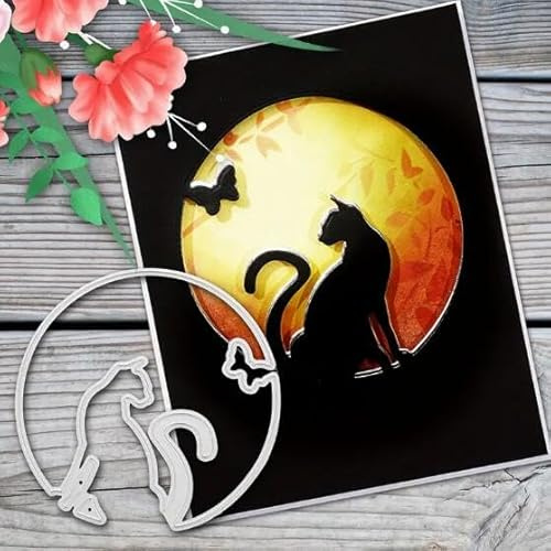Round Moon Cat Metal Die Cuts,Cat Butterfly Flower Leaf Cutting Dies Cut Stencils DIY Scrapbooking Decorative Embossing Paper Scrapbooking Card Making
