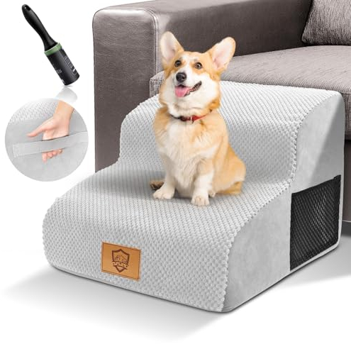 HEVOL Hundetreppe 2 Stufen, Abnehmbarem Hunderampe mit Waschbarem Bezug und Rutschfestem Boden, Hundetreppe für Kleine Hunde, Abnehmbare Haustiertreppe für Sofa Bett, Weiße