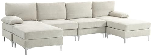 HOMCOM Divano Componibile 4 Posti con 2 Poggiapiedi e Cuscini per Braccioli e Schiena, Divano con Penisola in Tessuto effetto Ciniglia, 313x149x88 cm, Bianco Crema