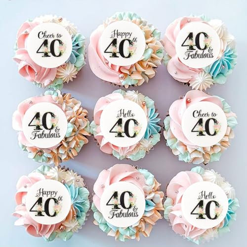 Blumomon 40 Pcs Edible 40th Happy Birthday Cupcake Toppers Happy 40 Cupcake Topper Cheers to 40 Fabulous Cake Decoration for 40th Birthday Party Decoration Edible 40th Anniversary Cake Decoration