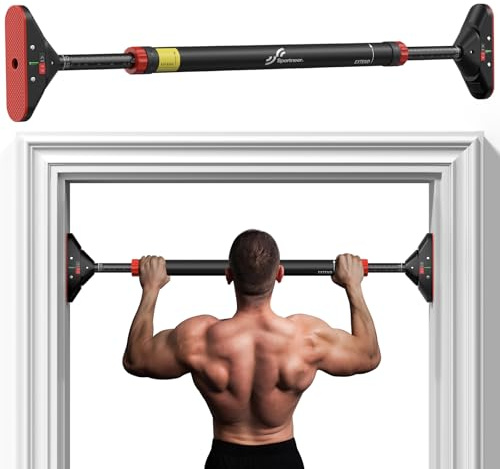Pull Up Bar for Doorway: Sportneer Strength Training Pull-up Bars without Screw - Adjustable Width Locking Mechanism Chin Up Bar, Thickened Steel Max Limit 440 lbs Upper Body Fitness Pullup Bars for Home (Black-Red)