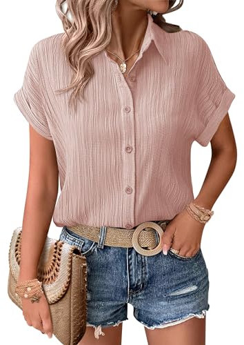 Zeagoo Hemdbluse Damen Kurzarm Bluse Elegant V Ausschnitt Hemd Sommer Blusen Leicht Sommerblusen Button Down Hellrosa S