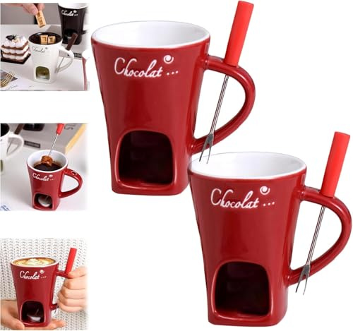 Chokladfondue-kopp, 200 ml keramisk chokladfondue-set, mugg för smältning av choklad, fondue-set med gaffel och värmeljus för ost choklad smör karamell (2 st.) C, A)