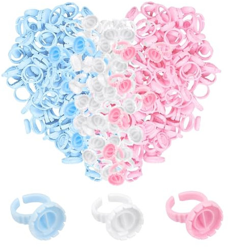 KEYRI 300 Pcs Lash Glue Holder Ring Cup Quick Blossom Pigment Holders Disposable Finger Hand Beauty Tools Disposable Glue Cups Lash Glue Rings Lovely Flower Shape for Eyelash Extensions (Three colors)