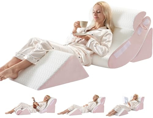 WSOFRLAC 4PC Geriatric Wedge Pillow System - Elderly Bed Wedges for Sitting/Sleeping, Post Surgery Body Positioner with Non-Slip Base (Ideal for Seniors & Pregnancy), White Pink