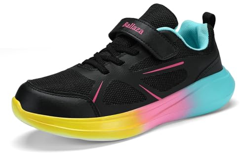 Milazzo Baskets pour enfant fille garçon avec fermeture Velcro | Chaussures de sport confortables avec semelle colorée | Antidérapantes et respirantes pour l'école, les loisirs, la course, Noir , 29