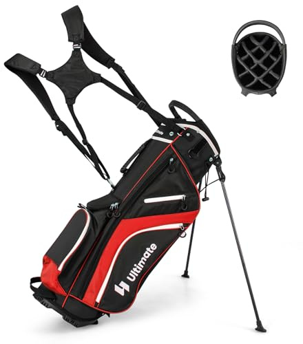 COSTWAY Golfväska, golfväska med 14 fack och 6 fickor, golfställ väska med fötter och regnskydd, lätt pennväska, bärbar för män och kvinnor (röd)
