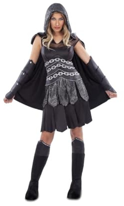 My Other Me - Disfraz Guerrera mujer, talla XL. Incluye vestido negro con estampado metálico plateado con capa y capucha, manguitos largos a juego y cubrebotas negros con detalles plateados.