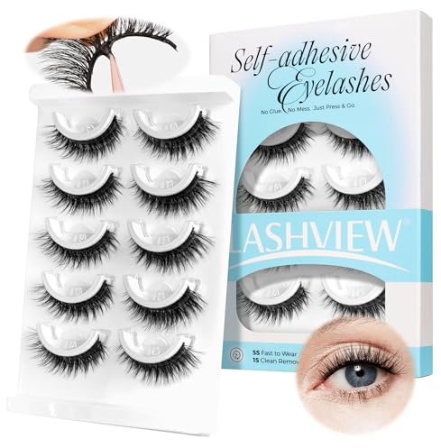 LASHVIEW Pre Glued Eyelashes 5 Pairs Reusable Self Adhesive Eyelashes Cat Eye Wispy Stick on Lashes Natural Look False Lashes with Replacement Adhesive Strips (CV122)