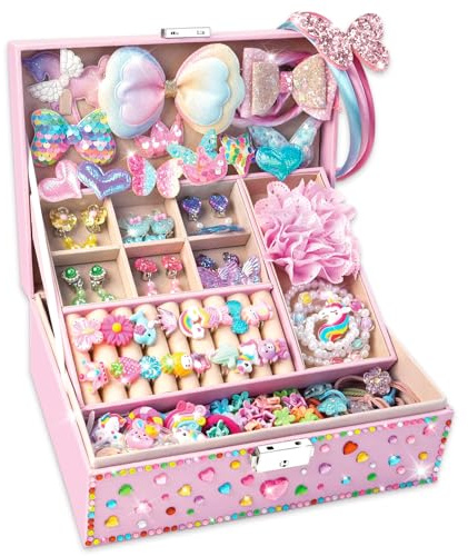 LIKYMO Unicorn Jewellery Box for Girls - 5 Year Old Girl Gifts Includes Jewellery Making Kit for Girl, DIY Headband Kit & Hair Accessories, Arts and Crafts Set & Girls Christening Gifts