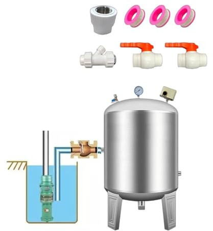 Depósito de Presión Inox 304 (60–400 l) – Sin Cámara, Libre de Mantenimiento – Automático con Manómetro y Válvula de Drenaje – for Casa, Pozo, Riego(95x40cm/37x16in)